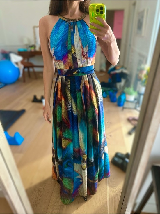 Ranna Gill Dresses & Skirts - Blue Multicolor Abstract Beaded Halter Maxi Dress - Anthropologie